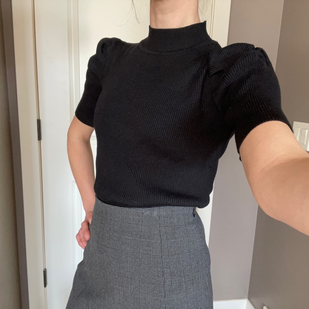 Luc-ce Puff Sleeve Short Sleeve High Neck Knit Top Sweater (La Maison Simons)